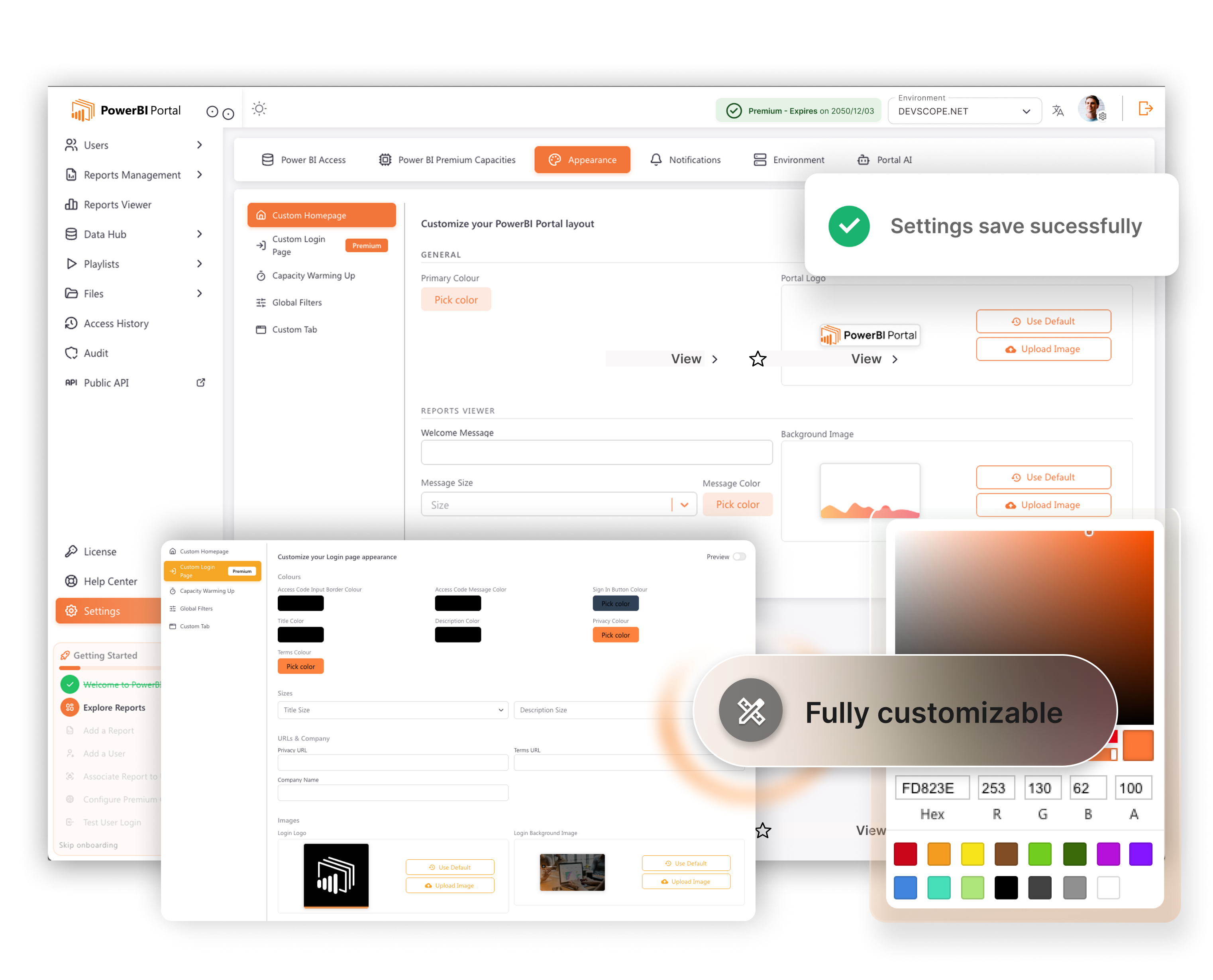 PowerBI Portal white-label configuration showing a branded customer portal with custom logo and colour scheme
