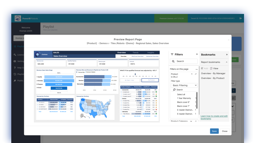 PowerBI Robots preview of a Power BI report page with filters applied for one recipient
