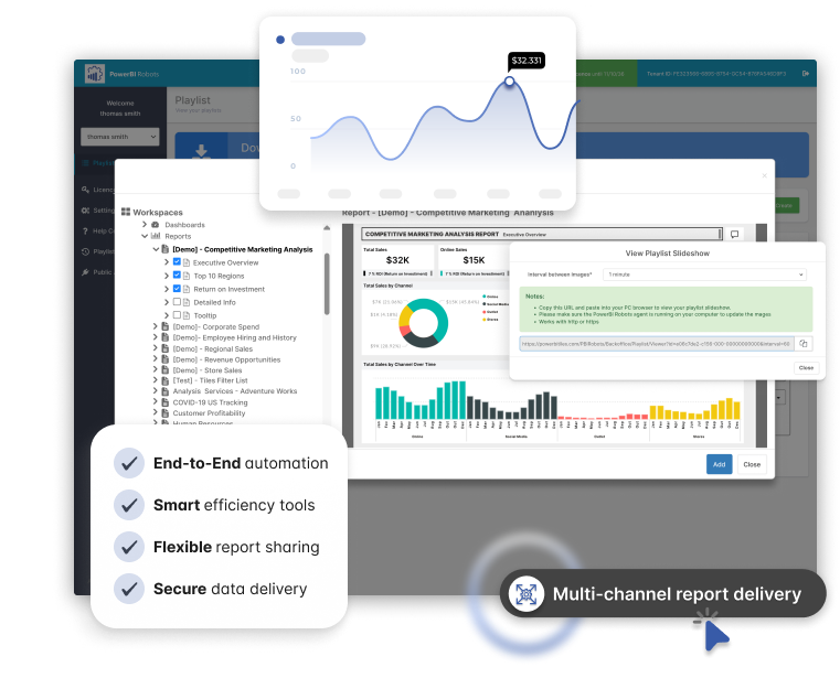 PowerBI Robots web application showing a Power BI report being set up for scheduled delivery